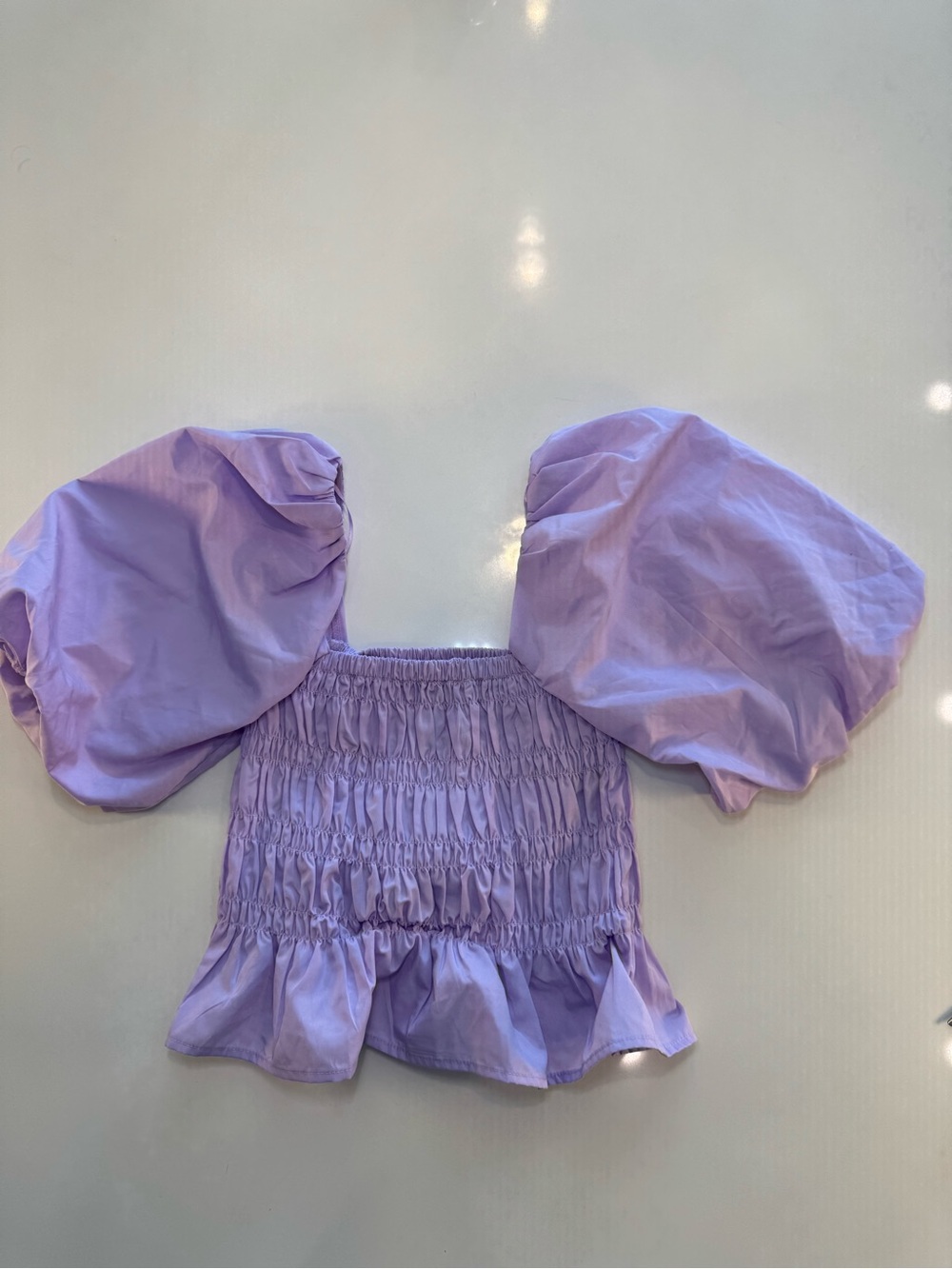 Francesca's Collections Lilac Puff Sleeve Smocked Crop Top